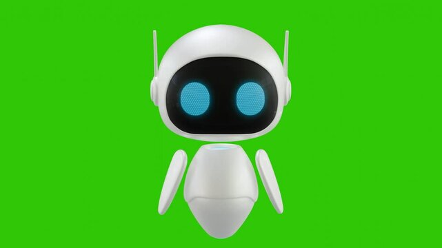 Cute 3D mini Robot character animation with front pointing movement. Green screen background. Perfect looping. Artificial intelligence virtual assistant robot.