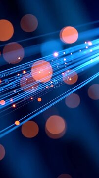 abstract background, visualization of Illuminated fiber optics glowing brightly, illustrating the speed and efficiency of information flow, zoon out, vertical
