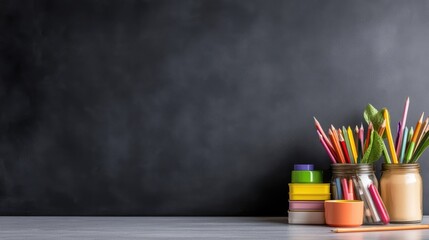 Obraz premium Colorful pencils and art supplies arranged on a desk against a blackboard background, creative workspace setup, and educational and artistic concept.