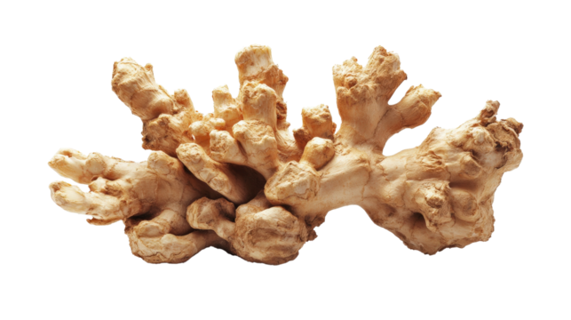 A fresh ginger root with its distinct texture and knobby shape, Transparent background, PNG file, showcasing its natural details.