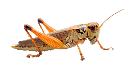 A full-body close-up of a grasshopper, emphasizing its texture and proportions, isolated on a clean white background.