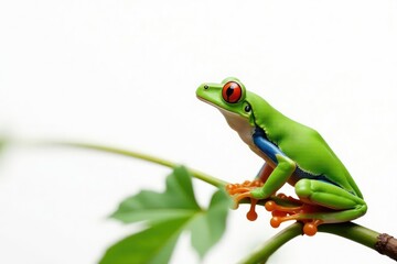 Obraz premium Green tree frog perched on white, vibrant skin, tree frog, animal photography