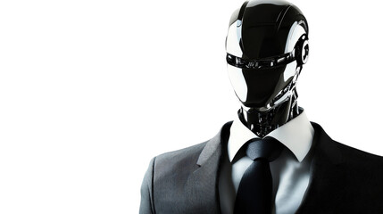 A futuristic humanoid robot wearing a sharp black business suit and tie, sleek and professional design, standing confidently Transparent background, PNG file