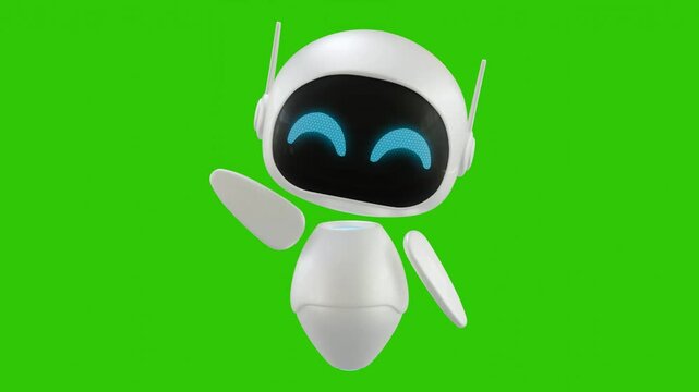 Cute 3D mini robot character animation with hand waving motion. Green screen background. Perfect looping. Artificial intelligence virtual assistant robot. 3
