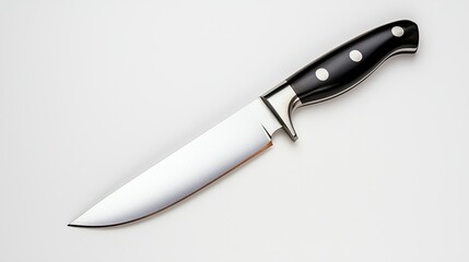 Close up of Hunting Knife with Black Handle and Silver Blade on White Background