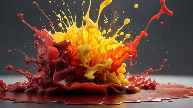 Dynamic Paint Collision: A Mesmerizing Display of Crimson and Gold Pigment Interaction