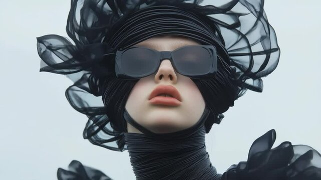 Female Model Wearing High Black Fashion Designs with Wind Blowing.