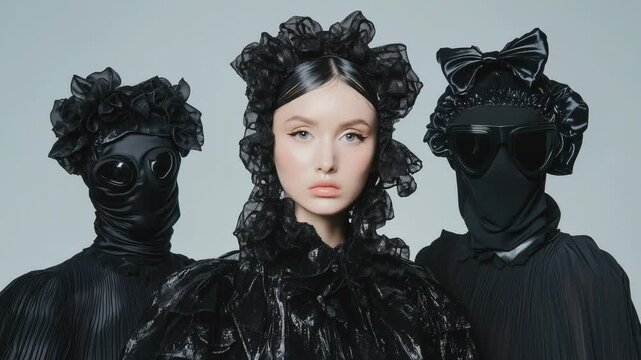 Three Female Models Wearing High Black Fashion Designs, Center Model Removes Glasses.