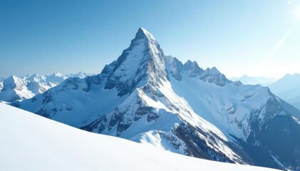 Snow covered mountain peak, pristine white snow, serene, texture, scenic