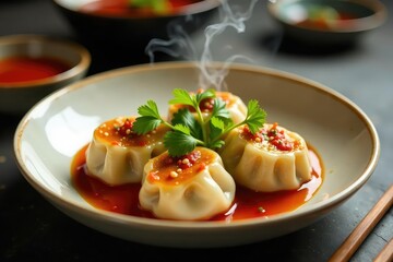 Steaming dumplings, vibrant sauces, chopsticks on white, vibrant, dumplings, chopsticks