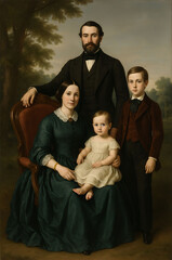 Oil Painting Portrait Of a Victorian Family in Traditional Attire, 19th Century Elegance and Timeless Style, Generative AI