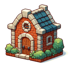 Vector stone cottage with brick walls, stone roof and small garden. Ideal for fairy tale illustrations, fantasy game assets and cozy home concept designs.