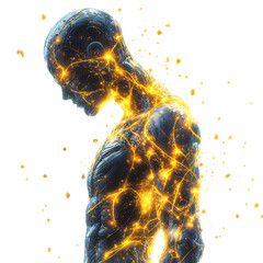 Glowing Humanoid Man with Golden Veins Isolated on Transparent Background