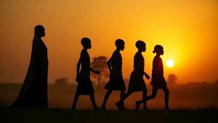 Cinematic silhouette of an African village scene at sunset showcasing the beauty of rural life, the warmth of family, and the promise of a bright future, evoking feelings of hope
