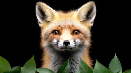 Obraz premium Red Fox with Green Leaves, Dramatic Wildlife Style, Sharp Focus Deep Black, Portrait Close Up View, Intense Gaze, Dark Forest Backdrop, Warm Rich Tones, Perfect for Nature Posters.