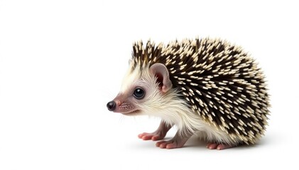 Obraz premium Tiny hedgehog isolated on pure white background, curled in a ball , wild, porcupine, graphic
