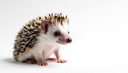 Tiny hedgehog posed against pure white background, prickles, stock photo, small
