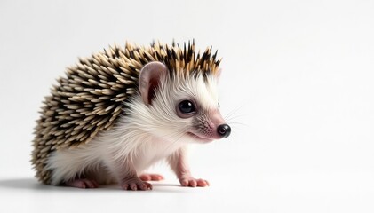 Tiny hedgehog posed on pure white background, curled slightly , white background hedgehog, wildlife, isolated