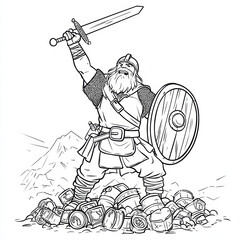 Ancient Warrior's Triumph: A fearless warrior, adorned in medieval attire, brandishes a gleaming sword aloft, victorious atop a pile of vanquished foes, ready for conquest. 