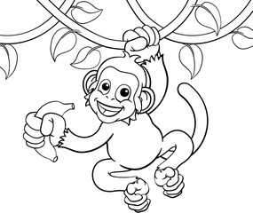 A monkey cartoon character singing on jungle vines with banana