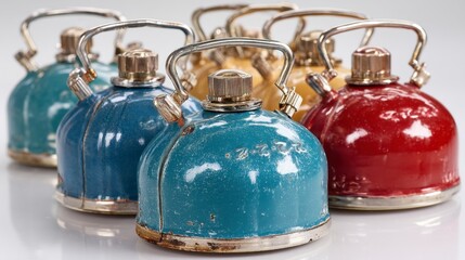 Collection of vintage enamel tea kettles in various pastel colors, metallic accents, and showing signs of age and wear.