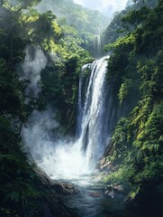 Majestic waterfall cascade flowing amidst vibrant tropical forest scenery