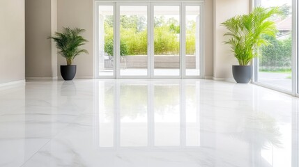 Fototapeta premium A gleaming white marble floor dominates the image, reflecting light and showcasing its polished surface. Two potted palm plants flank the scene, adding a touch of green. The background features larg