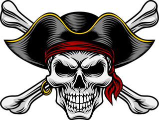 Pirate skull crossbones wearing a tricorn captain hat with crossing bones. In a vintage retro woodcut style.