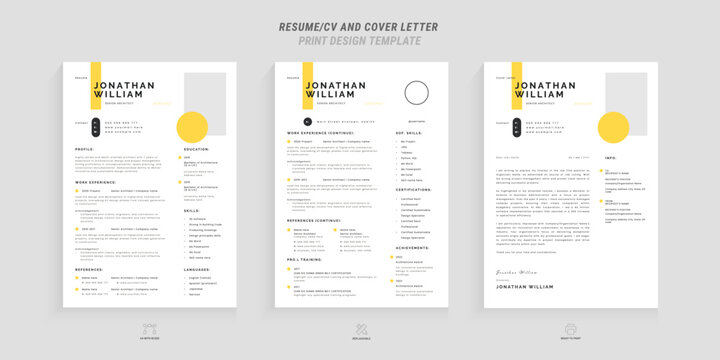 Minimal yellow accent resume and cover letter design template for job search