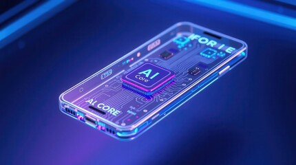 Futuristic transparent phone showcasing integrated AI core, illuminated with blue and purple neon highlights.