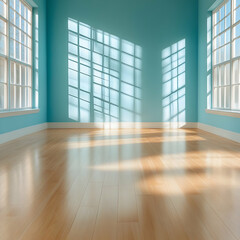 Fototapeta premium Bright and Airy Empty Room with Blue Walls and Light Wooden Floor