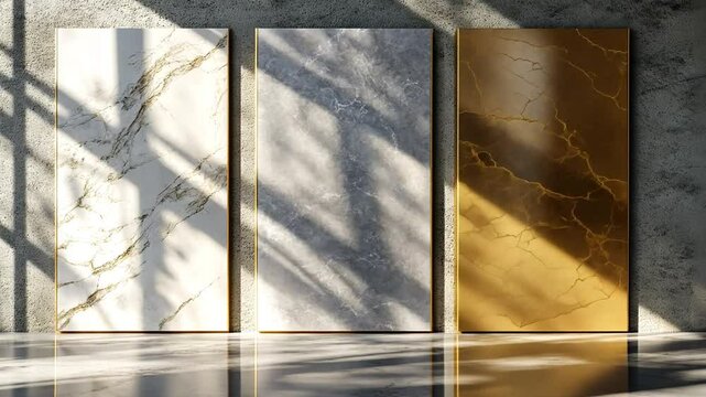Elegant display of marble texture tile samples in white, gray, and gold tones