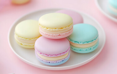 Set of pastel-colored macarons on a white plate, delicate dessert close-up 