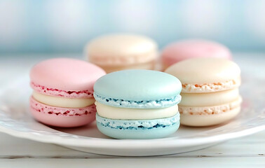 Obraz premium Set of pastel-colored macarons on a white plate, delicate dessert close-up 