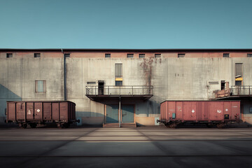 Fototapeta premium facade of an industrial building and warehouse with freight cars in length