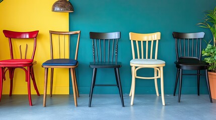 Fototapeta premium Stylish interior showing mix-and-match chairs, including cushioned folding chairs by the wall
