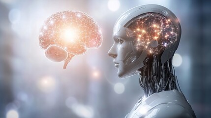 Futuristic humanoid robot analyzing glowing digital brain, symbolizing artificial intelligence, neural networks, and cognitive interaction in advanced smart technologies.