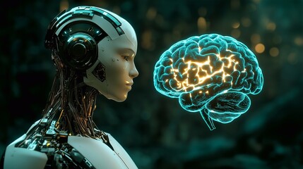 Futuristic humanoid robot analyzing a glowing digital brain, symbolizing artificial intelligence, advanced cognition, and smart assistant technology in a high-tech environment.
