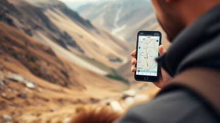 Hiker using a map application on a smartphone in the mountains to navigate a trail adventure.