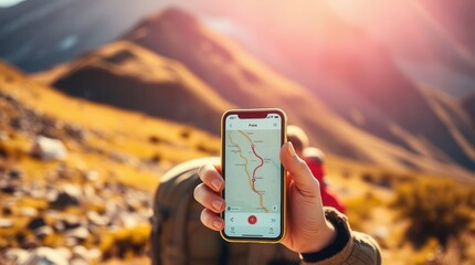 Navigating wilderness: A hiker checks a route on a phone app, set against a stunning mountain backdrop.