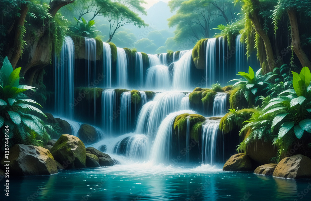 Poster serene waterfall cascading down mossy rocks in a vibrant green forest. water flows into a clear pool