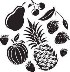 Black Fruit Illustrations - Pear, Pineapple, Strawberry, and More in Silhouette Style
