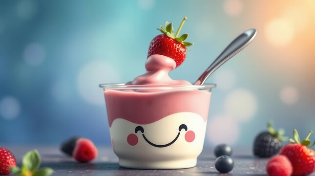 Delightful strawberry yogurt parfait with a playful smile, topped with a fresh berry. Healthy indulgence!