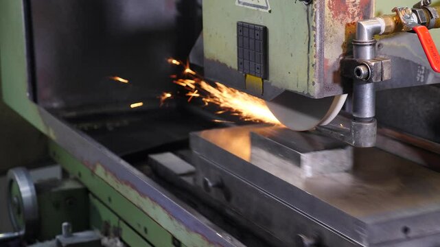 Heavy industry concept. Work of automated industrial surface grinding machine. Grinding of flat metal part. Sparks fly out from under the grinding wheel. 4 k video