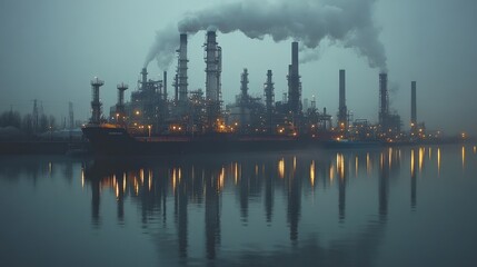 Obraz premium Industrial Twilight: Refinery Reflection on Calm Waters