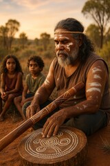 Australian Indigenous elder creating traditional dot painting with children nearby

