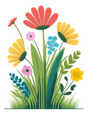 Flat Flowers And Grass Against A White Background