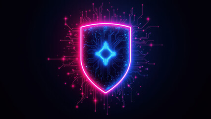 Cybersecurity digital shield with neon cybernetic effects, representing online safety and data protection.
