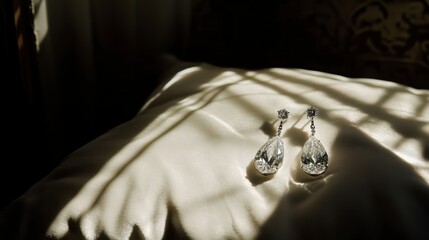 A single pair of elegant diamond earrings displayed on a white velvet cushion, catching light from a nearby window.