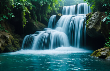 A stunning waterfall cascades down mossy rocks into a turquoise pool, surrounded by lush green foliage. The serene scene evokes tranquility and natural beauty.